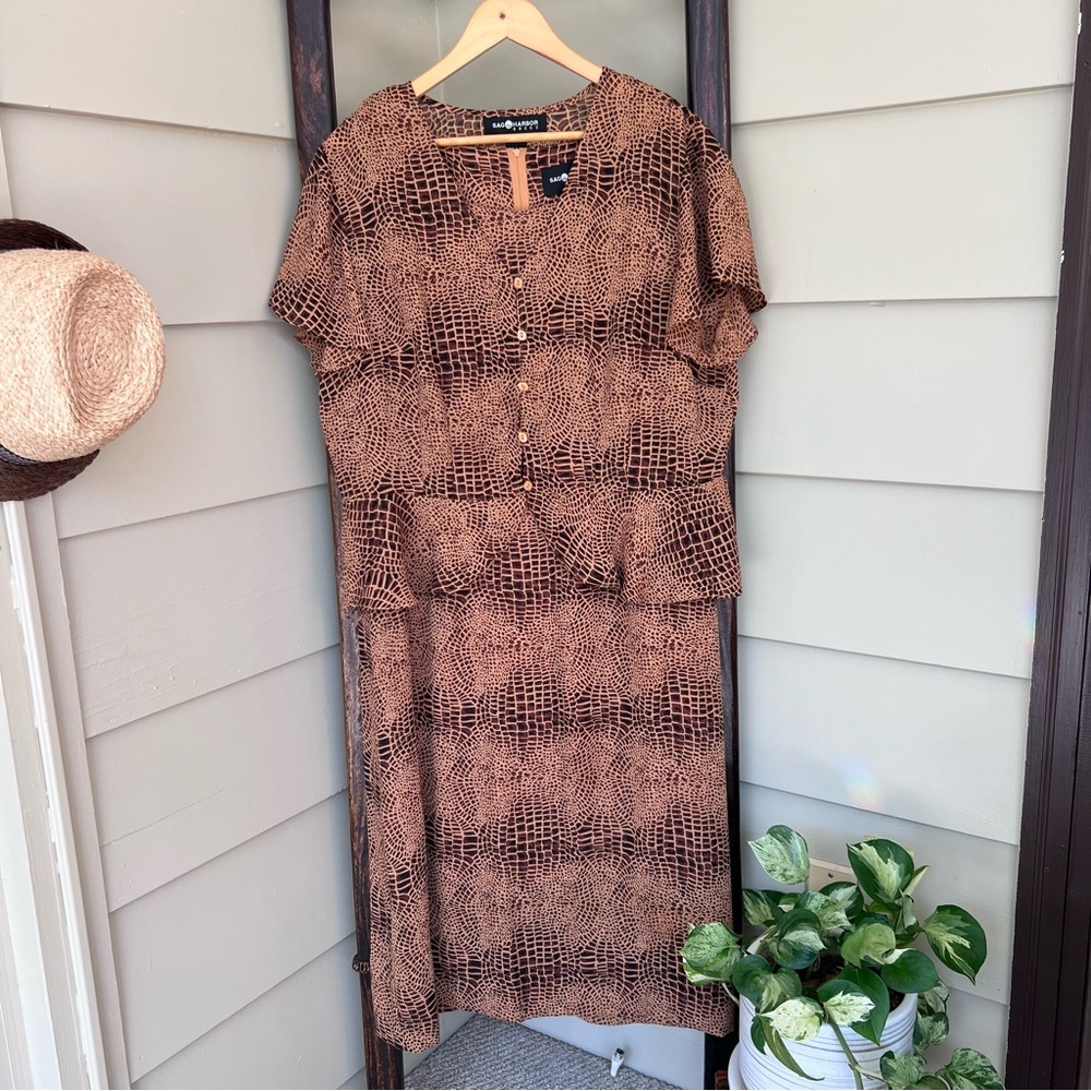 Sag Harbor Animal Print Dress & Blouse Set Sheer Button Up Womens Size 18 Brown